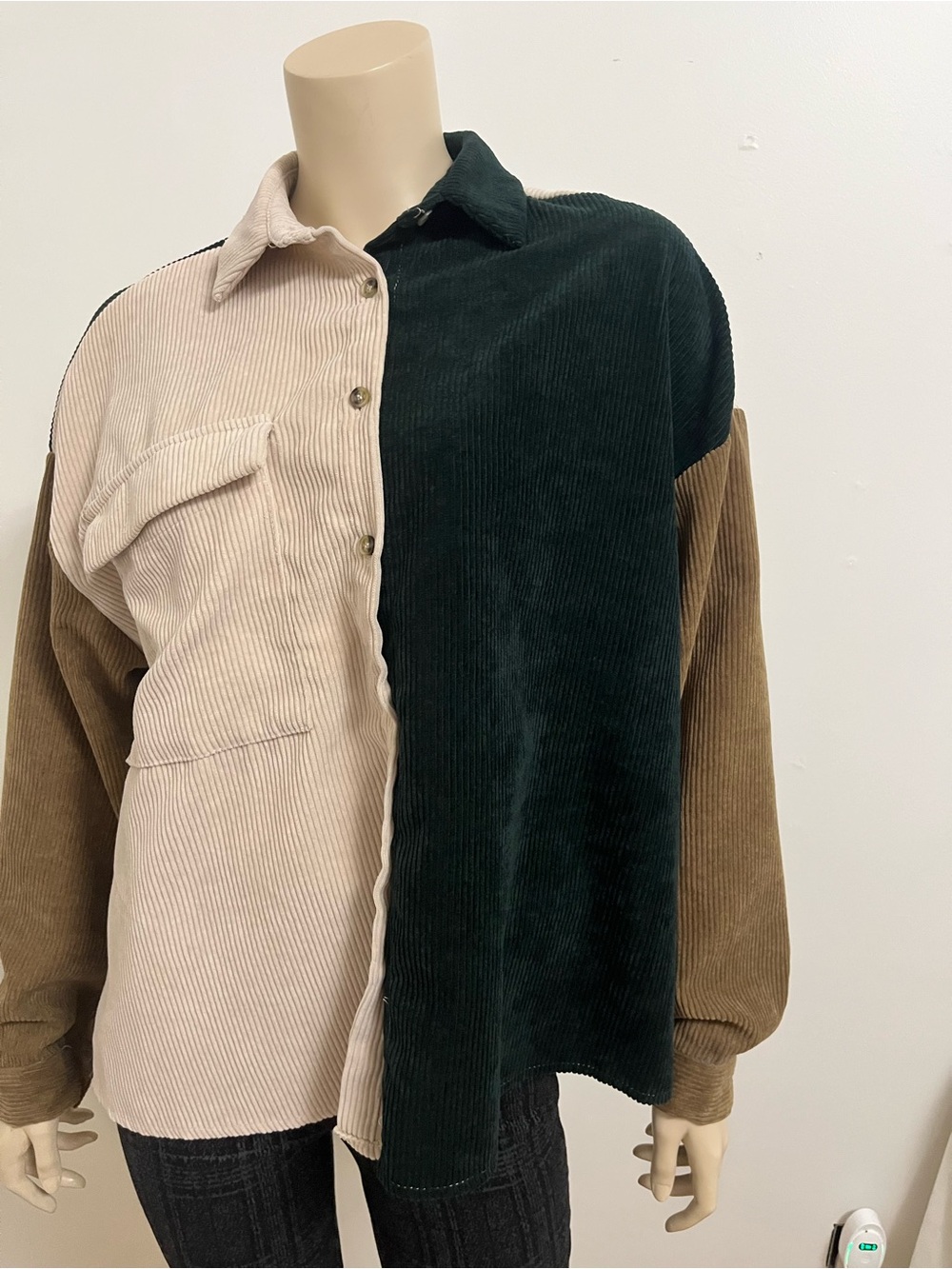 Boohoo Colorblock Corduroy top in Dark Green, Cream & Brown